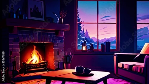 A cozy indoor scene with a crackling fireplace casting warm light and shadows on the walls, Cyan purple colours manga anime-style. 4k Lofi music background Animation Video photo