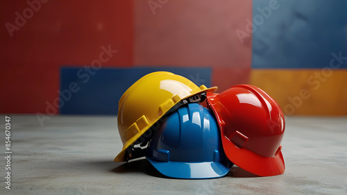 Three Hard Hats In A Row In Primary Colors Red, Yellow And Blue Helmet backgrounds. Ai generative photo