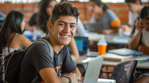 A smiling Latino student uses a laptop while studying in a classroom filled with peers, fostering a collaborative learning environment.