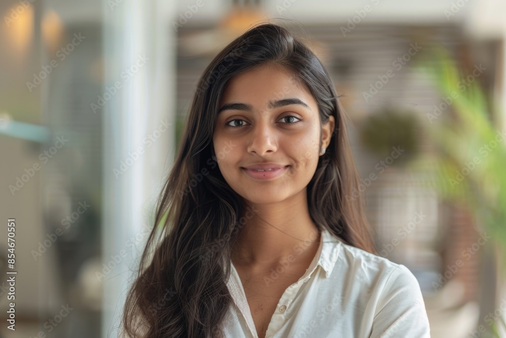 A woman with long brown hair wearing a white shirt A woman with long brown hair wearing a white shirt