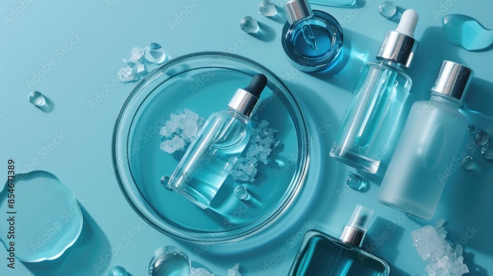 A variety of skin care products displayed on a table, ideal for promotional or educational use A variety of skin care products displayed on a table, ideal for promotional or educational use
