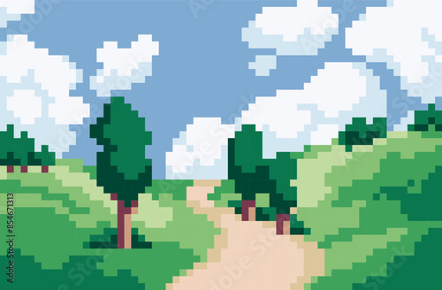 Nature landscape pixel art background. Beautiful sunny view with trees and green land. 8 bit banner. Game development, mobile app template. Backdrop vector illustration. 