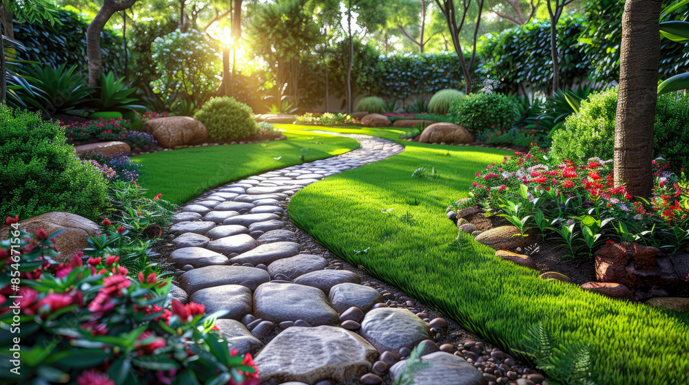 Fototapeta premium Garden path in the flower garden with sun light