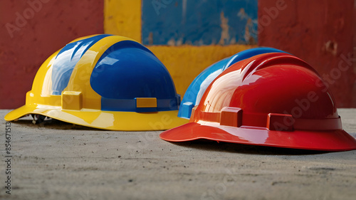 Three Hard Hats In A Row In Primary Colors Red, Yellow And Blue Helmet backgrounds. Ai generative photo