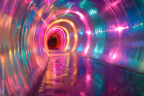 illuminated endless tunnel with neon lights, layered spiral shape, blurred motion effect