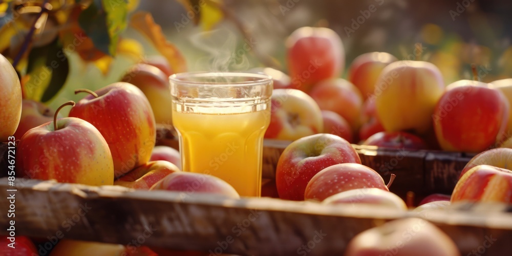Fresh orange juice and crisp apples on a rustic setting Fresh orange juice and crisp apples on a rustic setting