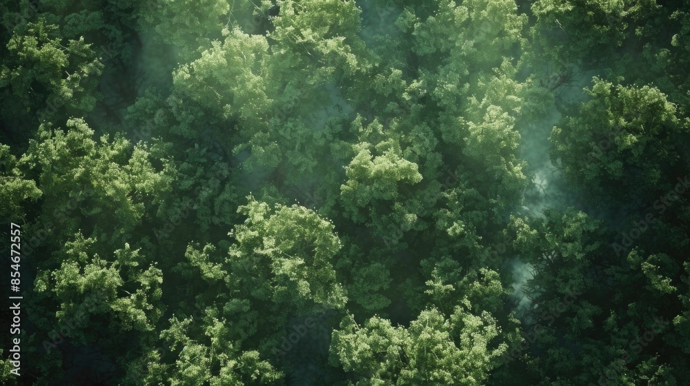 Aerial view of a lush green forest from above, with trees and foliage visible Aerial view of a lush green forest from above, with trees and foliage visible