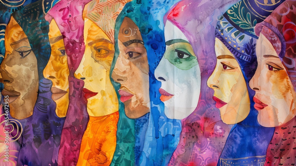 Obraz premium Colorful abstract watercolor painting showcasing diverse women of various cultures and ethnicities in celebration of International Women's Day