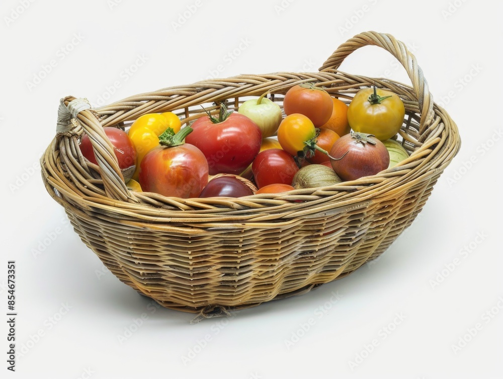 Fresh tomatoes arranged in a wicker basket Fresh tomatoes arranged in a wicker basket