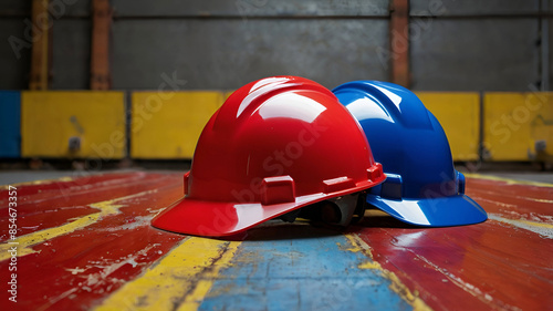 Three Hard Hats In A Row In Primary Colors Red, Yellow And Blue Helmet backgrounds. Ai generative photo