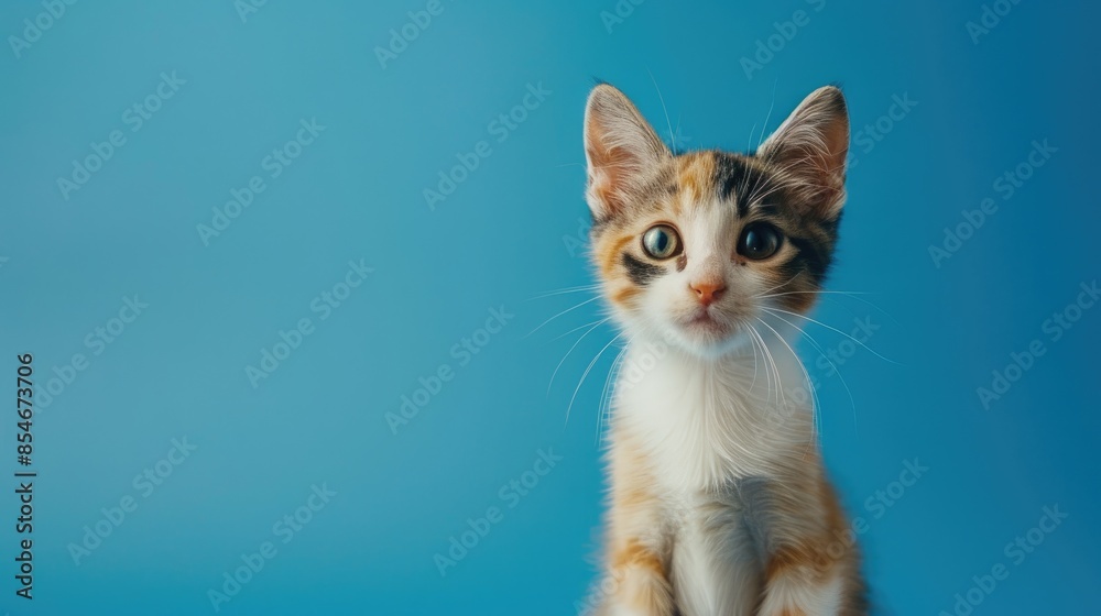 Young calico cat posing in front of blue background isolated Young calico cat posing in front of blue background isolated