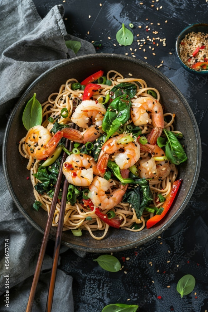 A bowl of noodles filled with shrimp and spinach, ready for a quick meal A bowl of noodles filled with shrimp and spinach, ready for a quick meal