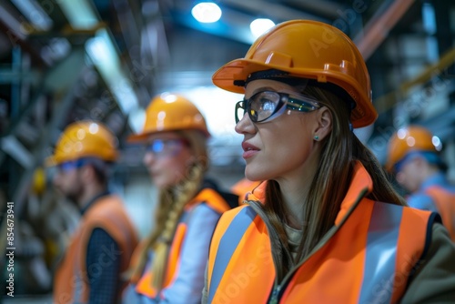 Female engineer leading a team meeting with authority and competence, illustrating success in leadership and management.