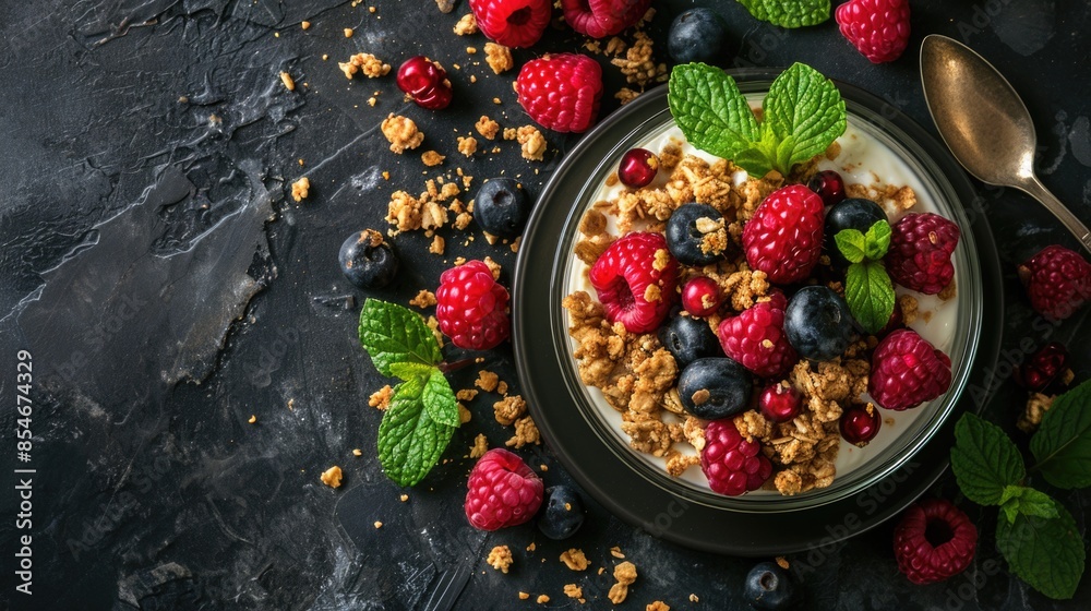 A healthy snack featuring a bowl of yogurt topped with fresh berries and crunchy granola A healthy snack featuring a bowl of yogurt topped with fresh berries and crunchy granola