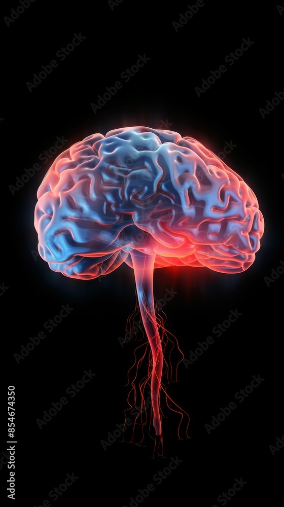 A brain with red veins and a red stem. The brain is shown in a 3D format