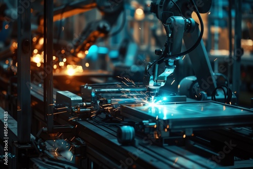 High-speed robotic welding machines fabricating metal frames for industrial equipment, illustrating the efficiency of automated production.