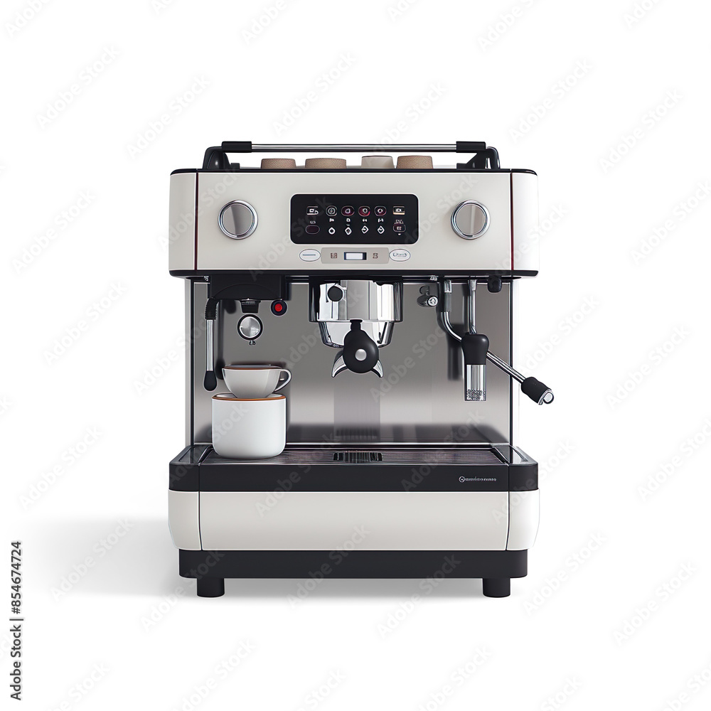 The coffee machine is placed against a clear background. The coffee machine is placed against a clear background.