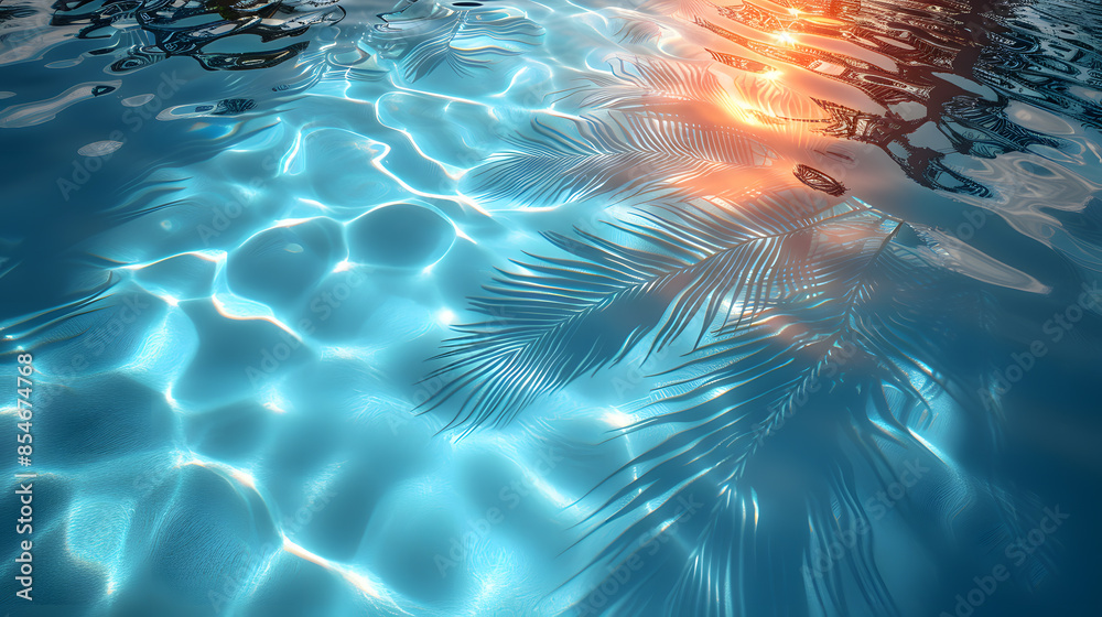 Obraz premium Tropical summer background with concrete wall, pool water and palm leaf shadow. Luxury hotel resort exterior for product placement. Outdoor vacation holiday house scene