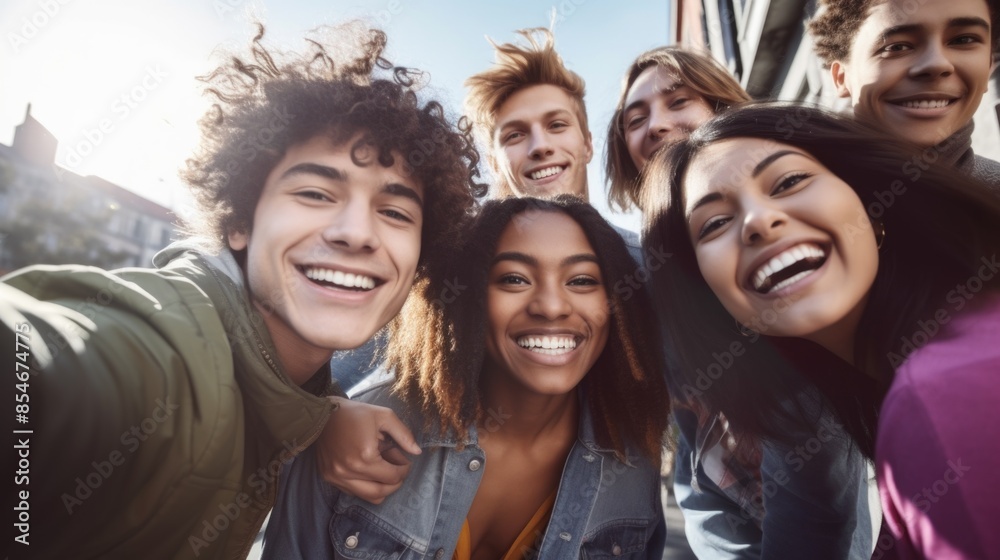 A group of friends smiling and taking a selfie together A group of friends smiling and taking a selfie together