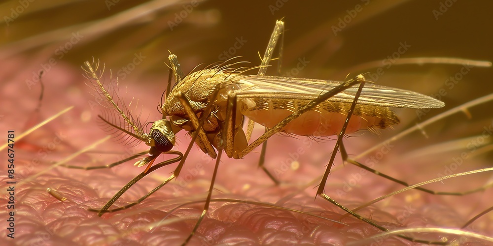A female Anopheles gambiae while feeding on a human host A female Anopheles gambiae while feeding on a human host