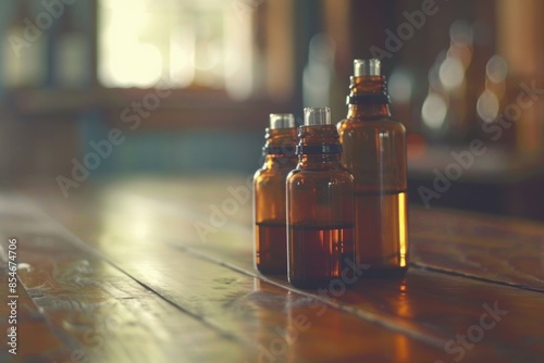 Group of empty bottles placed on a wooden surface, suitable for still life photography or beverage-related concepts