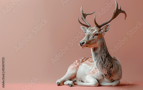 A serene deer with antlers lying gracefully against a soft peach background. Perfect for nature, wildlife, and tranquility themes.