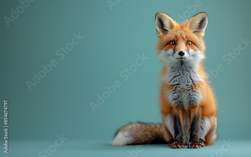 A vibrant portrait of a red fox sitting against a teal background, showcasing its beautiful fur and alert expression.