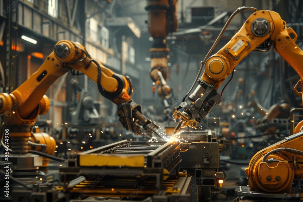 Robotic welders working on assembly lines in a heavy machinery plant, ensuring consistency and accuracy in equipment production. Robotic welders working on assembly lines in a heavy machinery plant, ensuring consistency and accuracy in equipment production.
