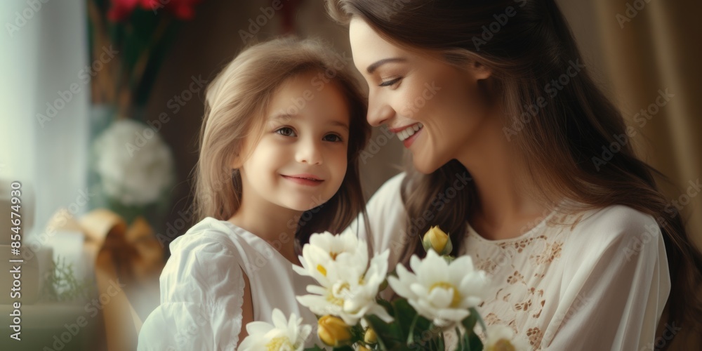 A mother-daughter duo holds a colorful bouquet, perfect for celebrations or everyday moments A mother-daughter duo holds a colorful bouquet, perfect for celebrations or everyday moments
