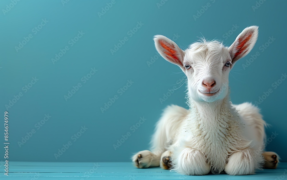 Fototapeta premium Adorable baby goat sitting against a teal background. Perfect for farm, animal, or nature-related themes. Capture cuteness and charm in one frame.