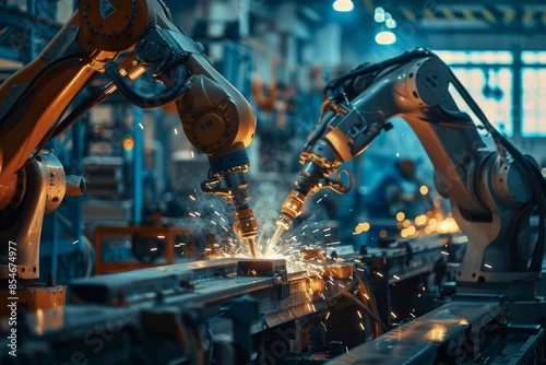 Robotic welding arms in a state-of-the-art facility, showcasing the future of manufacturing technology and industrial automation.