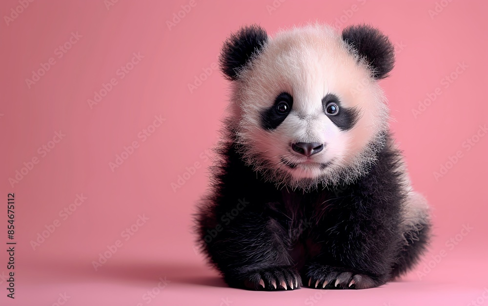 Adorable baby panda sitting against a pink background, looking cute and cuddly with its fluffy black and white fur. Adorable baby panda sitting against a pink background, looking cute and cuddly with its fluffy black and white fur.