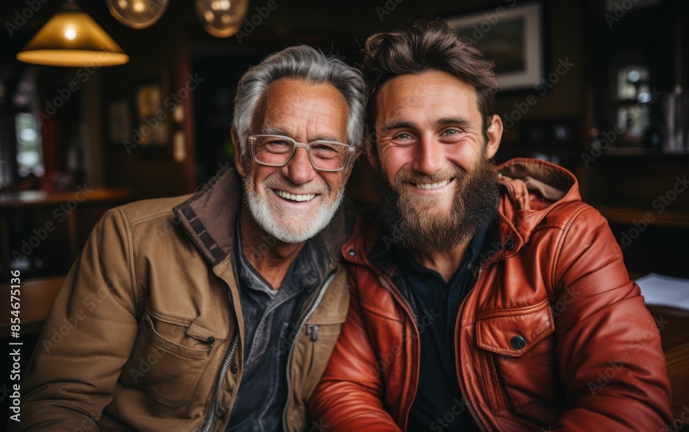 Two men are smiling and posing for a picture. One of them has a beard and is wearing a leather jacket Two men are smiling and posing for a picture. One of them has a beard and is wearing a leather jacket