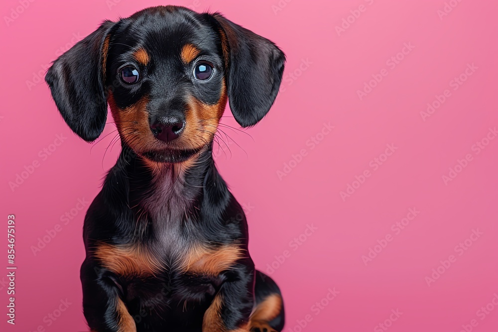 Adorable black and tan dachshund puppy with big eyes sitting against a bright pink background, looking curious and charming. Adorable black and tan dachshund puppy with big eyes sitting against a bright pink background, looking curious and charming.