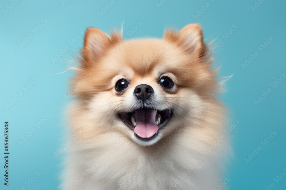 Portrait of a smiling pomeranian over soft blue background Portrait of a smiling pomeranian over soft blue background