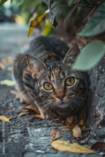 A domestic cat is sitting next to a tree trunk on the ground