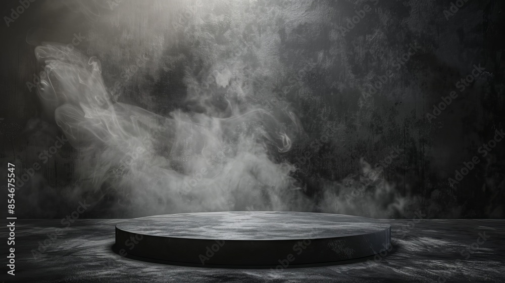 Podium black dark smoke background product platform abstract stage texture fog spotlight. Dark black floor podium dramatic empty night room table concrete wall scene place display studio smoky dust Podium black dark smoke background product platform abstract stage texture fog spotlight. Dark black floor podium dramatic empty night room table concrete wall scene place display studio smoky dust