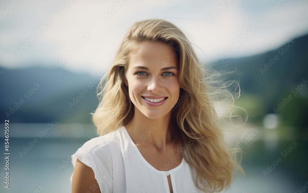A woman with blonde hair is smiling and posing for a picture. She is wearing a white shirt and standing by a body of water A woman with blonde hair is smiling and posing for a picture. She is wearing a white shirt and standing by a body of water
