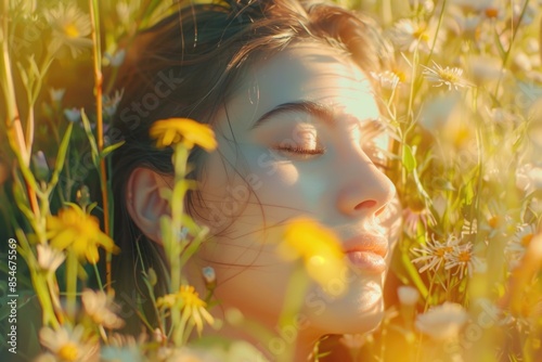 A woman relaxing in a colorful field of flowers