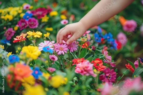 Child's hand arranging colorful flowers in a garden, celebrating Earth Day with nature's beauty.