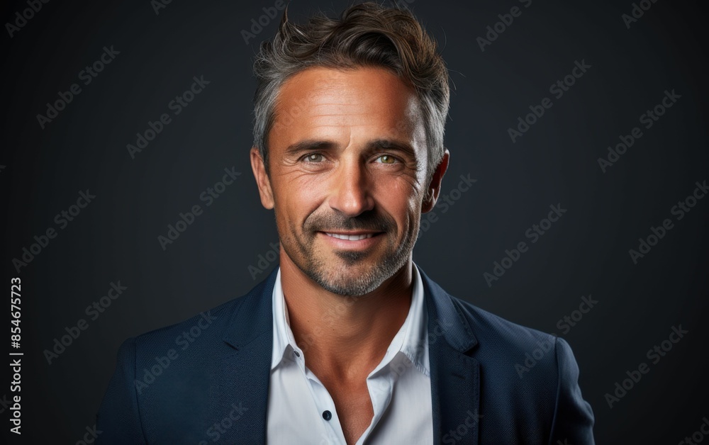 A man in a suit and white shirt is smiling. He looks happy and confident. Concept of professionalism and success