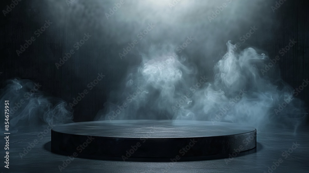Podium black dark smoke background product platform abstract stage texture fog spotlight. Dark black floor podium dramatic empty night room table concrete wall scene place display studio smoky dust Podium black dark smoke background product platform abstract stage texture fog spotlight. Dark black floor podium dramatic empty night room table concrete wall scene place display studio smoky dust