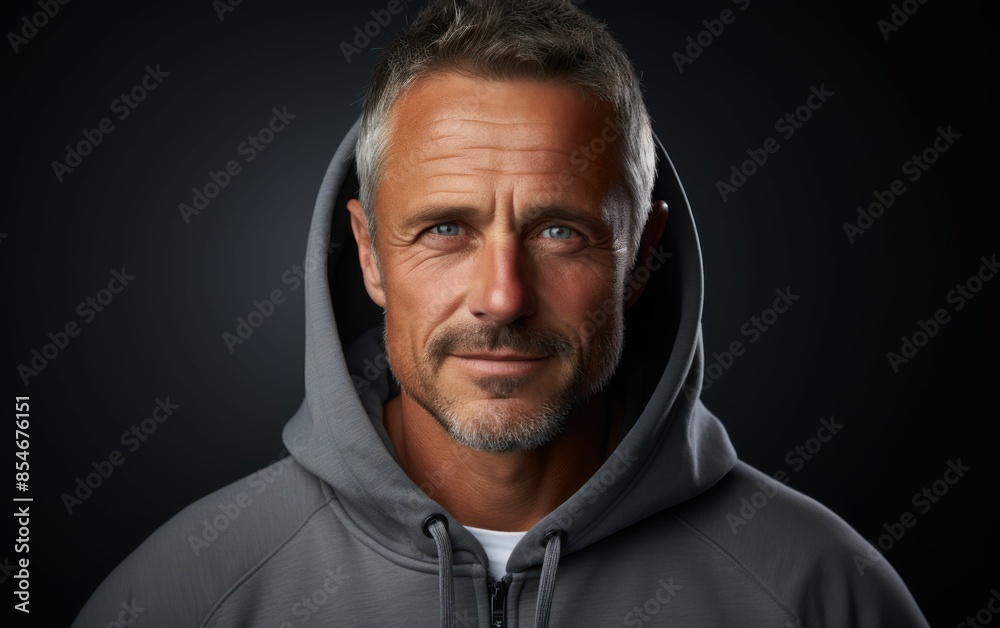A man with a grey hoodie and a beard is smiling. He looks happy and content. Concept of warmth and comfort, as the man is wearing a cozy hoodie and he is enjoying himself A man with a grey hoodie and a beard is smiling. He looks happy and content. Concept of warmth and comfort, as the man is wearing a cozy hoodie and he is enjoying himself