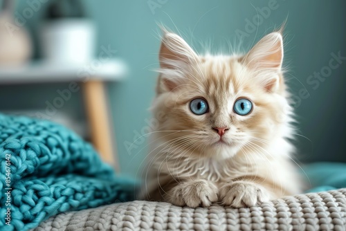 Adorable fluffy kitten with bright blue eyes on a cozy blanket, perfect for pet lovers and feline-themed visuals.