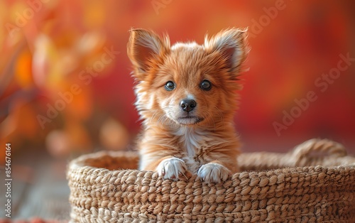 Adorable fluffy puppy sitting in a woven basket with autumn foliage background, showcasing the essence of fall and cuteness combined.