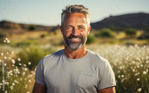 A man with a grey beard and a grey shirt is smiling in a field of flowers. Concept of happiness and contentment, as the man is enjoying the beauty of the flowers and the outdoors