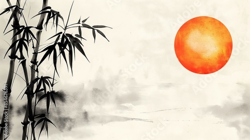 Oriental sun and bamboo ink painting landscape