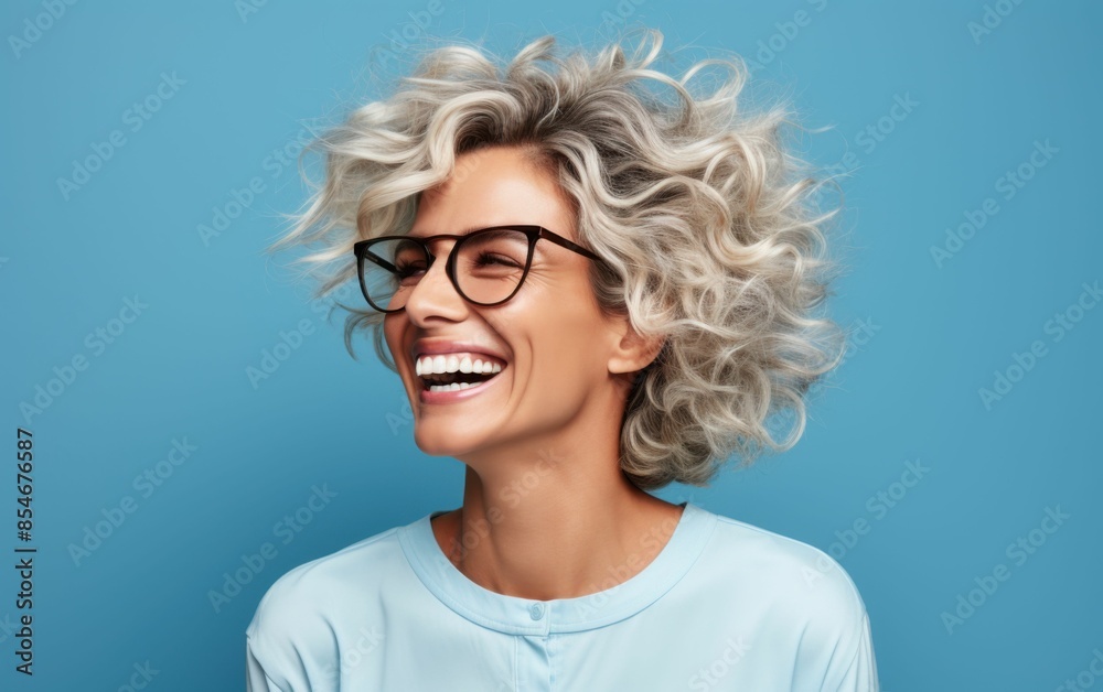 A woman with blonde hair and glasses is smiling and laughing. She is wearing a blue shirt and has a blue background A woman with blonde hair and glasses is smiling and laughing. She is wearing a blue shirt and has a blue background