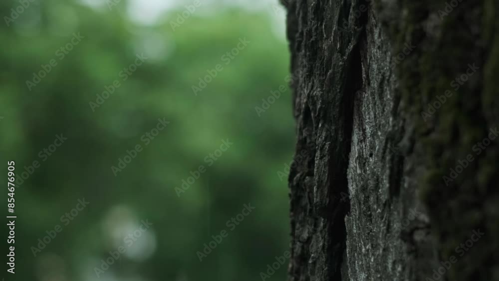Close-up of tree bark, green bokeh background, heavy rain in park, summer downpour, climate change, rain's impact on ecosystems and agriculture, importance of rain for nature Close-up of tree bark, green bokeh background, heavy rain in park, summer downpour, climate change, rain's impact on ecosystems and agriculture, importance of rain for nature