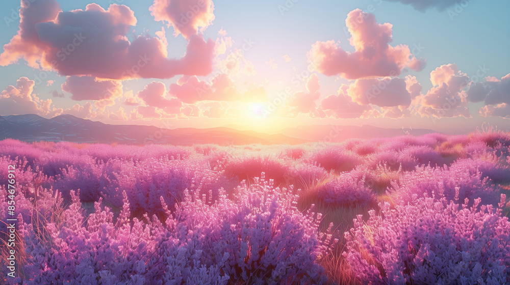 A breathtaking sunset illuminates a field of purple flowers, creating a scene of tranquility and beauty. A breathtaking sunset illuminates a field of purple flowers, creating a scene of tranquility and beauty.
